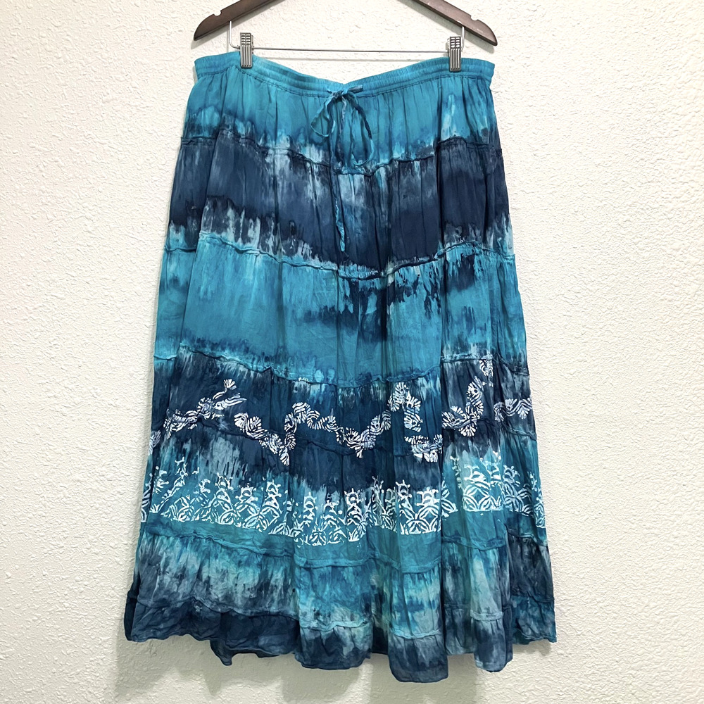 Jean Ashley Tiered Tie Dye Maxi Skirt Blue Turquoise Cotton Boho Festival 1X
